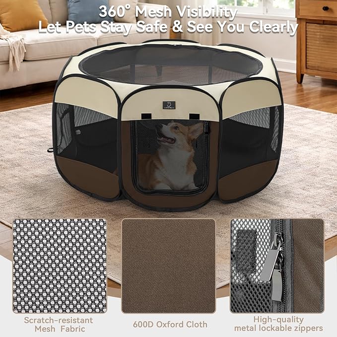 Dog Playpen for Small Dogs & Puppies, 40.55" Portable Indoor Outdoor Puppy Playpen with Bowl, Waterproof Floor, Foldable Pop-Up Pet Pen for Home, Travel & Daily Use, Brown+Beige