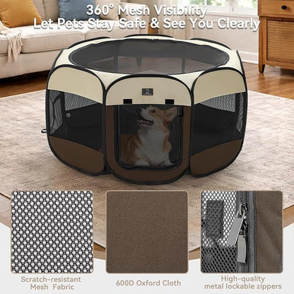 Dog Playpen for Small Dogs & Puppies, 40.55" Portable Indoor Outdoor Puppy Playpen with Bowl, Waterproof Floor, Foldable Pop-Up Pet Pen for Home, Travel & Daily Use, Brown+Beige