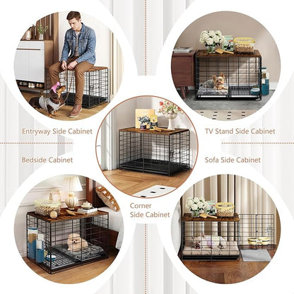 24 Inch Small Dog Crate - Indoor Puppy Kennel with Training Tray, Wooden Top & Thickened Metal Wire, Dog Cage for Small Dogs & Puppies Under 20 lbs, Decorative All-Stage Pet House