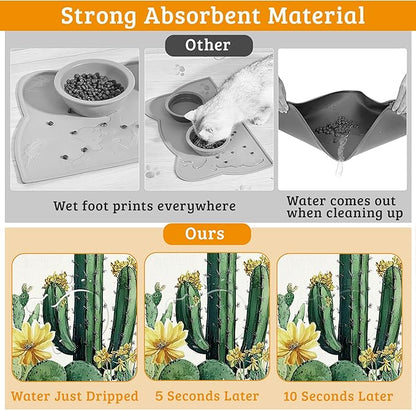 Tropical Cactuses Feeding Mat,Blooming Succulents Absorbent Quick-Dry Cat Dog Food and Water Bowl Mats,Non-Slip Rubber Backing Mat,Cat Dog Accessories Supplies 16" x 24"