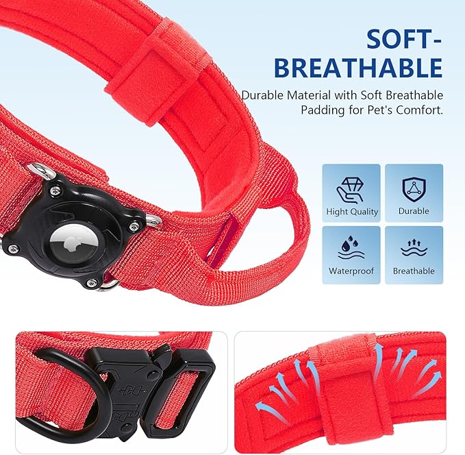 Waterproof AirTag Dog Collar with QR Code ID Tag, Tactical Military Dog Collar with Built-in AirTag Holder, Heavy Duty Metal Buckle & Control Handle, GPS Tracker Collar for Large Dogs (Red, XL)