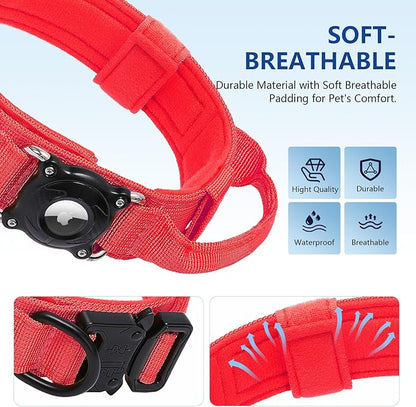 Waterproof AirTag Dog Collar with QR Code ID Tag, Tactical Military Dog Collar with Built-in AirTag Holder, Heavy Duty Metal Buckle & Control Handle, GPS Tracker Collar for Large Dogs (Red, XL)