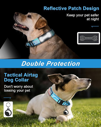 Hotsky Tactical Dog Collar, Adjustable Military Training Nylon Airtag Collar with Handle and Heavy Duty Metal Buckle for Medium Large Dogs, with Airtag Holder and Two Patches（Blue Camo,XL）