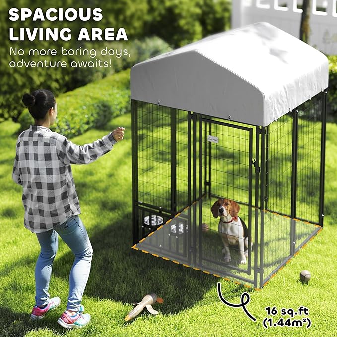 PawHut 4' x 4' x 6' Outdoor Dog Kennel, Welded Wire Dog Kennel Outside Run with 360° Rotating & 4 Level Adjustable Bowls, Waterproof & UV Resistant Cover, for S&M Breeds, Chickens, Ducks, Silver