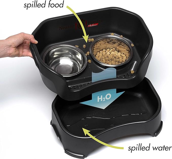 Neater Feeder Deluxe Mess-Proof Elevated Dog Bowls for Small Dogs (Up to 19 lbs), 2 Height Adjustable (6” & 7.5”) No-Spill Raised Dog Bowl Stand, Stainless Steel Food Bowl Set, Made in USA, Black