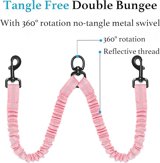 iYoShop Dual Dog Leash - 360° Swivel, No Tangle Walking Leash with Shock Absorbing Bungee for Two Dogs (Large, 25-150 lbs, Baby Pink)