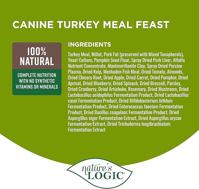 Nature's Logic Dry Dog Food - 100% Natural - No Synthetics - for All Ages, Sizes, Breeds - Free from Common Allergens, High Protein - Turkey Meal Feast, 25lbs