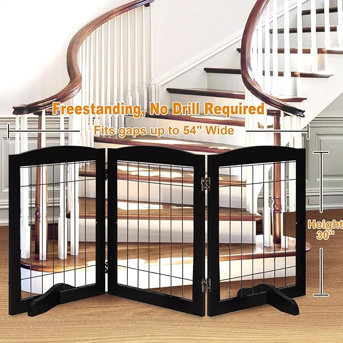 LZRS 3-Panel Freestanding Wooden Dog Gate—30" Tall Foldable Pet Barrier with Support Feet, Chew-Resistant Solid Hardwood & Steel Wire Safety Fence for Doorways, Hallways, and Stairs, Black
