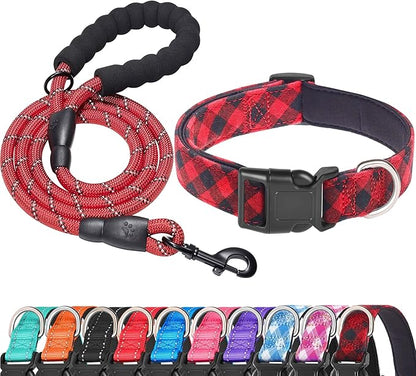 Ladoogo Reflective Dog Collar Padded with Soft Neoprene Breathable Adjustable Nylon Dog Collars for Small Medium Large Dogs (Small (Pack of 1), Red Plaid Collar+Leash)