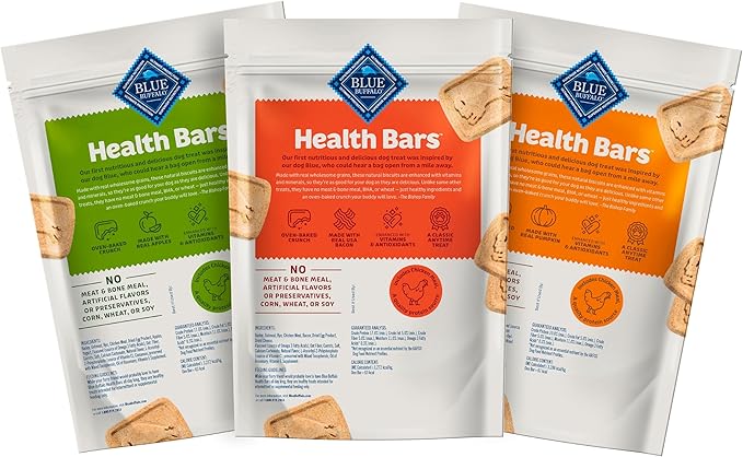 Blue Buffalo Health Bars Crunchy Dog Biscuits, Variety Pack, Bacon, Egg & Cheese, Apple & Yogurt, Pumpkin & Cinnamon, 16-oz Bags