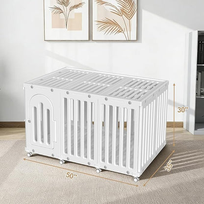 Dog Playpen with Door & Cover Top, Fence Panel Puppy Playpen, Room Dog Crate, Pet Playpen for Small & Medium Dogs, Puppy Play Pen for Indoors & Outdoor (50" L x 35" W x 30" H)