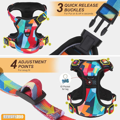 BEAUTYZOO No Pull Dog Harness Large, Adjustable Dog Harness and Leash Set -Easy Wearing with 3 Buckles/Control Handle,No Choke Soft Padded Reflective Pet Vest for Training Walking Hiking, L
