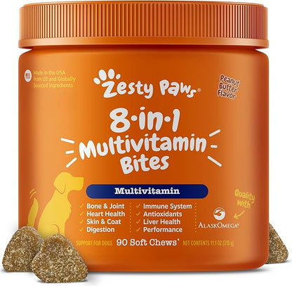 Zesty Paws Multivitamin Treats for Dogs, Glucosamine Chondroitin Joint Support + Digestive Enzymes & Probiotics, Grain Free Dog Vitamins and Supplements for Skin & Coat, Peanut Butter - 90ct