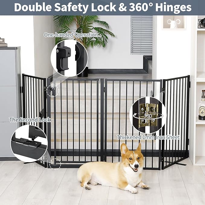Metal Freestanding Dog Gates with Door for Outdoor Indoor,80'' Extra Wide 32'' Tall Free Standing Dog Gate for Doorways,Large Openings,Deck,Yard,Foldable Safety Pet Fence(Black,4 Panels)