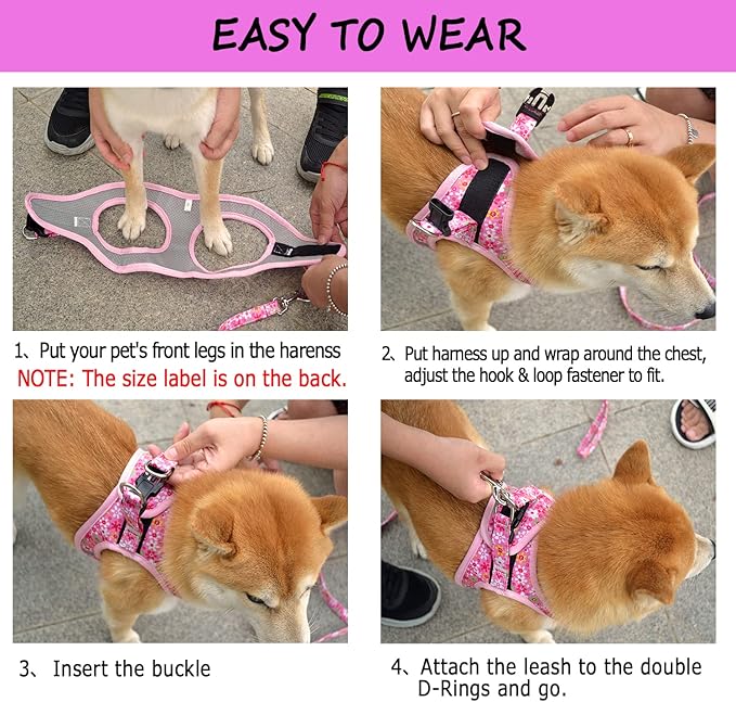 Moonpet Step in Dog Harness Leash Set- All Weather Reflective No-Pull Floral Pattern Padded Mesh Vest Harness for Cats Puppy Extra-Small Small Medium Large Dogs - Bell Orchid - XL