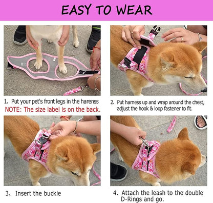 Moonpet Step in Dog Harness Leash Set- All Weather Reflective No-Pull Floral Pattern Padded Mesh Vest Harness for Cats Puppy Extra-Small Small Medium Large Dogs - Bell Orchid - L