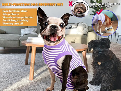 Dog Recovery Suit Female Spay Male Surgery Recovery Large Shirt,Soft Combed Cotton Puppy Suit,L Purple-White Striped