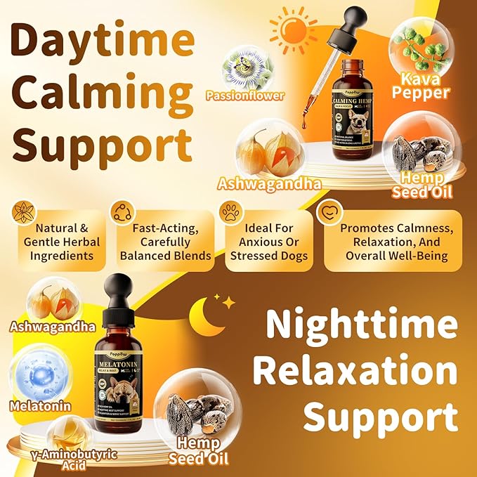 Dog Calming & Melatonin Drops, Day & Night Calm Support Set, Soothe Separation & Stress, Enhance Calmness & Sleep with Valerian Root, Ashwagandha, GABA, Melatonin, Chicken Flavor, 2 FL.Oz