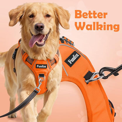 Funfox Dog Harness No Pull, Adjustable Pet Vest Harness, Super Soft Material with Vertical Handle Easy Control, Reflective Night Walking, 2 Leash Clips for XLarge Dogs, Orange, XL
