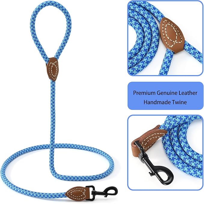 Mile High Life | Mountain Climbing Dog Rope Leash with Heavy Duty Metal Sturdy Clasp | Genuine Leather Tailored Connection with Strong Stitches (Sky Blue Hot Blue, 60 Inch (Pack of 1))