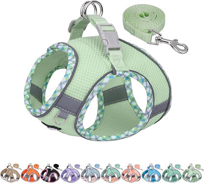 AIITLE Teacup Puppy Harness with Leash - Adjustable Soft Vest with Magic Tape & Reflective Safety Strips, Easy-Put-On for Poodles, Pomeranians - Gym, Hiking, Travel (Sage, S)