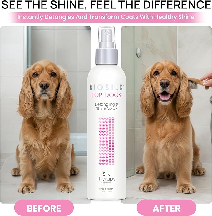 BioSilk for Dogs Detangling Spray with Shine Support, Lightweight Leave in Grooming Mist That Helps Smooth Coats, Detangle, and Add Shine Without Buildup, 8 Fl Oz - 2 Pack