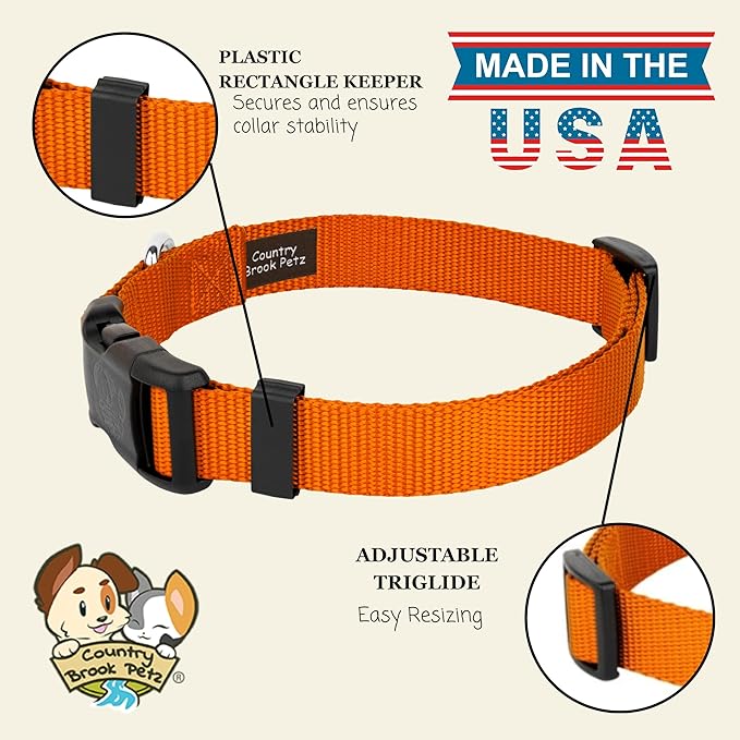 Country Brook Petz - Everyday Nylon Dog Collar for Large, Medium, and Small Dogs and Puppies - for Everyday Use in 10+ Warm Colors (Small, 3/4 Inch Wide, Orange)