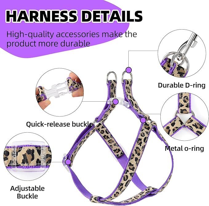 Mile High Life Leopard Dog Harness Collar Leash Set, Adjustable No Pull Dog Halter Harness for Small Breed Dogs, Easy Control for Training Walking (Purple, M Chest 15"-21", Neck 13"-17")