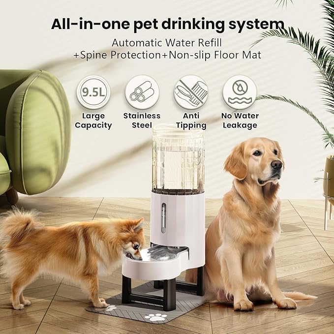 CZPET Elevated Dog Water Bowl Dispenser for Large Dogs,2.5 Gallon Tall Raised Pet Waterer Stand,Relieve Neck Pressure,Large Capacity and Drinking Area Noise-Free for Pets (9.5L+Stand,White)