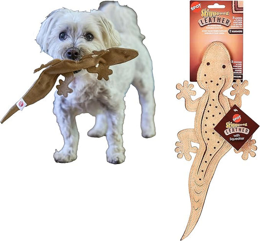 SPOT Skinneeez Leather Lizard – 15" Stuffing-Free Dog Toy with Real Leather & 2 Squeakers, Chew & Toss Toy for Small & Medium Dogs, Best for Light to Moderate Chewers