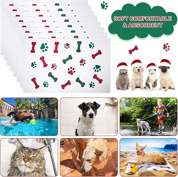 Chumia 8 Pcs Dog Towels for Drying Dogs Cats Pet Towels Bulk Puppy Microfiber Fast Drying Paw Bath Bathing Supplies Absorbent for Medium Pets(40 x 24 Inch,Dog Paw and Bone,Red Green)