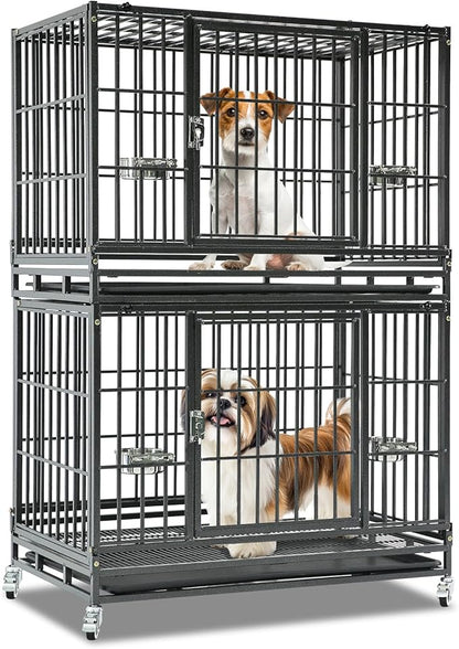 Homey Pet 37 Inch Heavy Duty Dog Crate Indestructible, Collapsible Dog Cage with Lockable Wheels, Removable Tray, High Anxiety Dog Kennel Indoor, Two Tiers Stackable Dog Crates for Medium Dogs