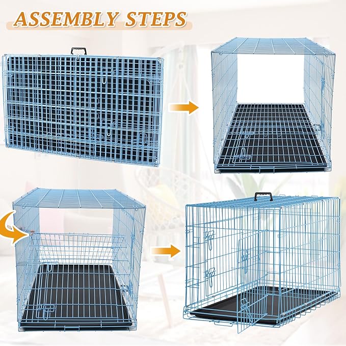 Dog Crate Dog Kennel Cage for Small Dogs, 24" Portable Foldable Indoor Outdoor Large Double Door Wire Metal Puppy Cat Pet Dog Cage with ABS Tray LC & Divider, Blue