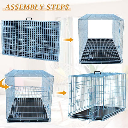 Dog Crate for Large Medium Dogs Folding Dog Kennel Cage with Plastic Tray & Divider 48" Indoor Outdoor Metal Double Door Pet Playpen Heavy Duty Dog Pen Enclosure Blue