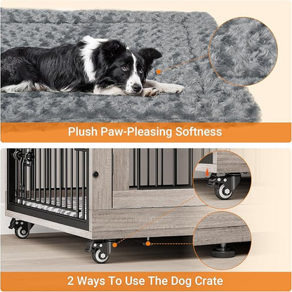 Lulive Dog Crate Furniture, XL Wooden Dog Kennel Indoor Double Doors Dog Cage, 44'' Heavy Duty Dog Crate with Cushion & Wheels, Decorative End Table Chew-Resistant for Extra Large/Medium, Grey