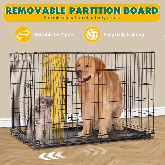 DUMOS Dog Crate with Double Doors, Metal Foldable Pet Cage with Plastic Removable Tray, Portable Large Kennel for Outdoor Indoor with Handle, Black, 42 Inch