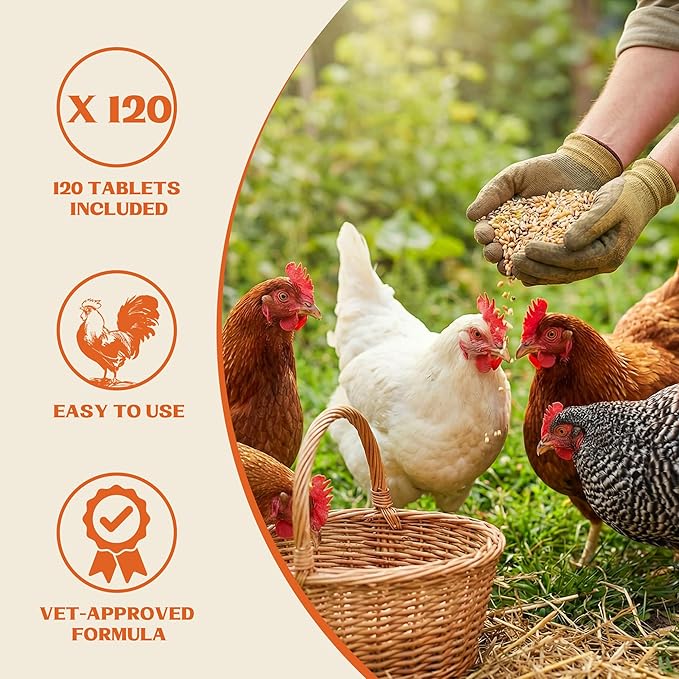 Miguelina Dewormer for Chickens and Poultry, Natural Formula, Vitamin for Roosters Turkeys, Safe for Laying Hens, 120 Tablets