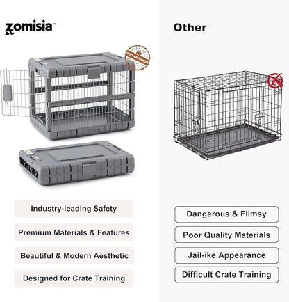 ZOMISIA Collapsible Dog Crate for Dogs - 28" L Heavy Duty Dog Kennel No Tools Required with 4 Sides Steel Foldable Cage for Dogs Indoor Furniture, Portable Carrier with 2 Smooth Wheels, Gunmetal