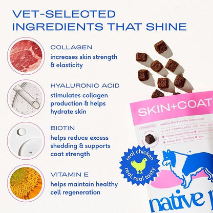 Native Pet Skin & Coat Chews - Omega 3 Fish Oil for Dogs Skin & Coat Supplement - Itch Relief, Shiny Fur & Shedding Support - Collagen, Hyaluronic Acid, Biotin, Probiotics & Salmon Oil - 30 Chews