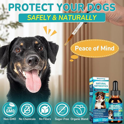 Woyamay Antibiotics for Dogs | Natural Dog Antibiotics for Allergy Relief, Itch Relief, Coughs, Skin Health, Breath Treatment, Digestion | Herbal Supplement to Care for Ears, Eyes & Coat, 4 Fl Oz