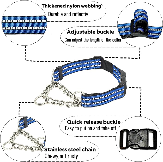 Martingale Dog Collars, Reflective Nylon Collar with Stainless Steel Chain, Adjustable Walking Training Dog Collars with Quick Release Buckle, Suitable for Small Medium Large Dogs(Blue,S)