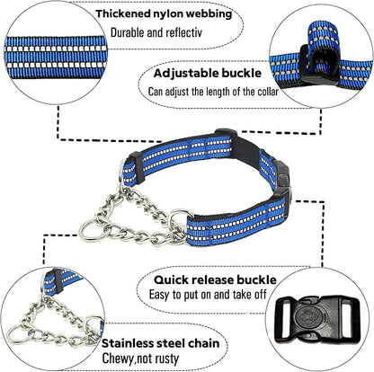 Martingale Dog Collars, Reflective Nylon Collar with Stainless Steel Chain, Adjustable Walking Training Dog Collars with Quick Release Buckle, Suitable for Small Medium Large Dogs(Blue,L)