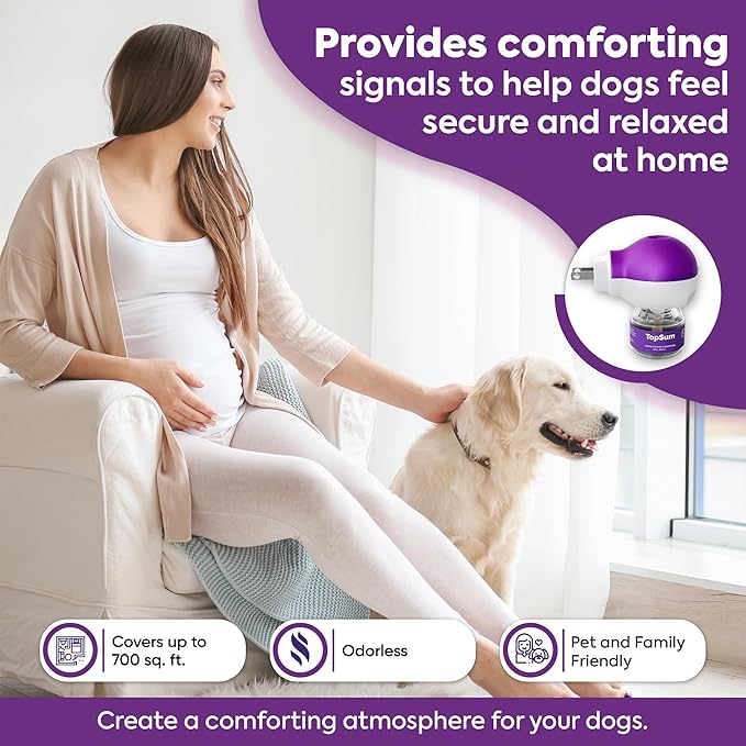 TopSum Calming Diffuser for Dog: Dog Pheromones Calming Diffuser Plug for Stress, Barking, Chewing, Pee Accidents & Separation Behaviors (Purple– 6 Refills)