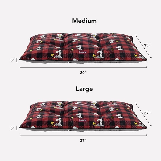 Berkshire Peanuts® Square Dog Bed, Suedemink Fleece Pet Mat with Waterproof & Non-Slip Bottom, Soft Plush Dog Mat for Crate, Couch, or Floor, Machine Washable(Snoopy Everyday Buffalo Plaid, Medium)