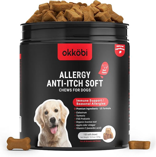 Dog Allergy Chews - 150 Pcs - Allergy Relief for Dogs - Supplements for Itchy Skin & Paw Licking - US Formula with Probiotics, Natural Ingredients, and Vitamins - Beef Flavor