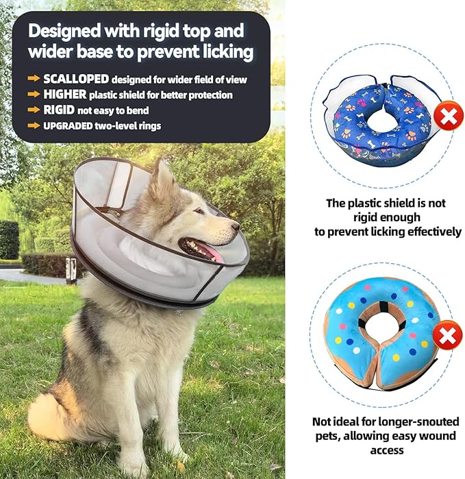 Upgraded Inflatable Dog Cone After Surgery, Adjustable Soft Dual-Ring Dog Cone Collar with Detachable Anti-Licking Shield (XL, Grey)