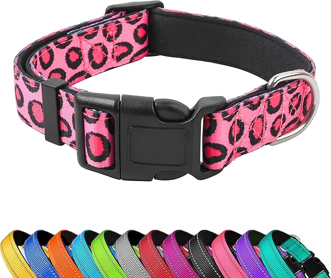 Reflective Dog Collar, Adjustable Soft Neoprene Padded Nylon Pet Collars with Buckle for Puppy and Small Dogs, Cats, Leopard Pink,XL