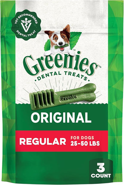 Greenies Veterinarian-Recommended Adult Natural Dental Dog Treats Regular Size, Dog Dental Chews, Original Flavor, 3 oz. Pack, 3 Count