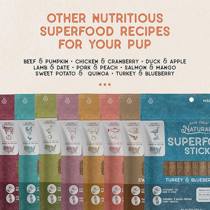 Dog Treat Naturals Superfood Sticks, Turkey & Blueberry, 10oz Bag | Dog Chew Sticks | All-Natural, Pet Training Treats | Joint-Skin-Coat Health | USA Made