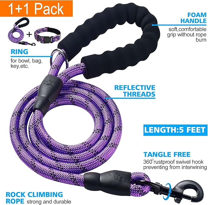 Ladoogo Reflective Dog Collar Padded with Soft Neoprene Breathable Adjustable Nylon Dog Collars for Small Medium Large Dogs (Large (Pack of 1), Purple/Pink Floral Collar+Leash)